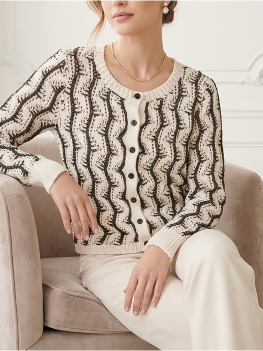 Alice + Olivia Cream Black Striped Wave Knit Button Cardigan Sweater Medium Luxe